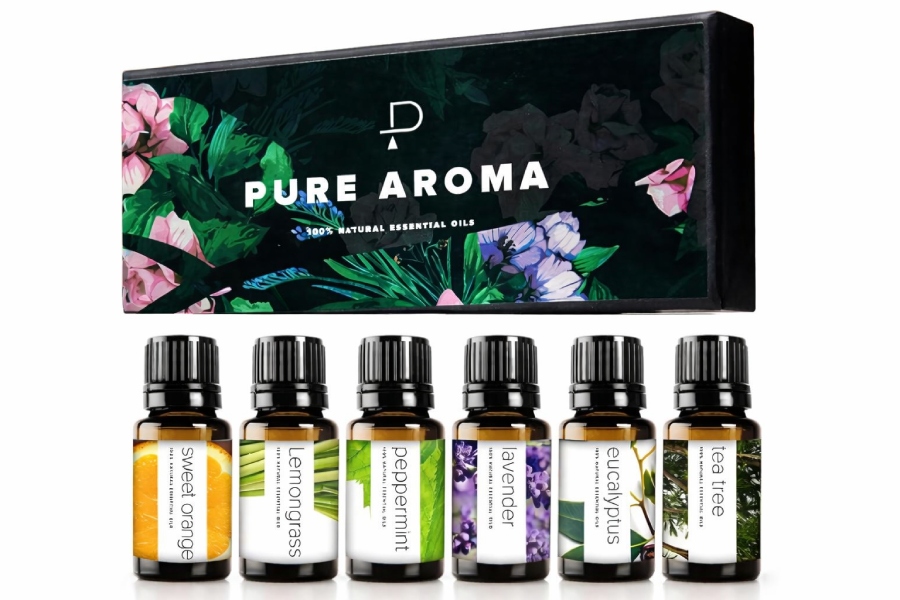 Pure Aroma essential oil set with six natural oils in gift box: lavender, eucalyptus, peppermint, lemongrass, sweet orange, tea tree
