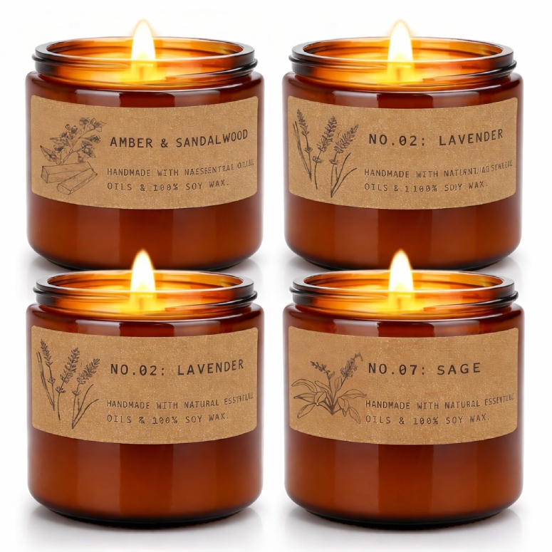 Set of four amber soy candles with lavender, sage and sandalwood scents.