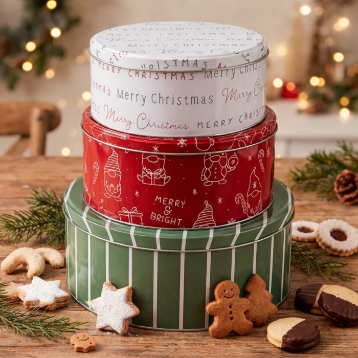 Stacked Christmas cookie tins with festive holiday designs on a rustic table surrounded by assorted cookies and greenery: a ready-to-gift neighbor present.