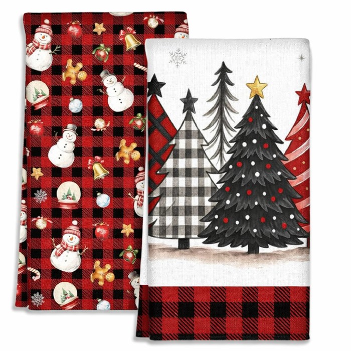 Festive Christmas kitchen towel set with snowmen, gingerbread cookies, and holiday tree plaid designs.