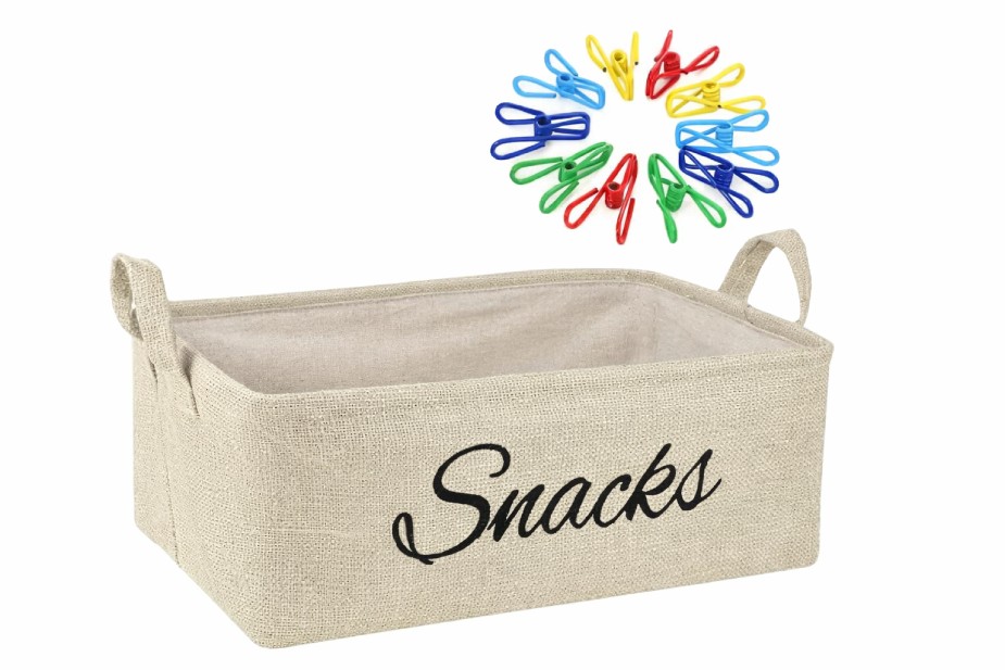 Beige fabric snack basket gift with colorful mini clips, ideal for neighbor gift idea