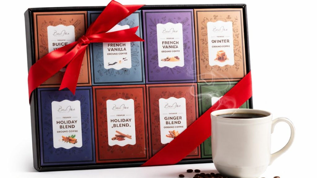 Holiday gourmet coffee sampler gift box with assorted flavored ground coffee packs, red ribbon and coffee cup.