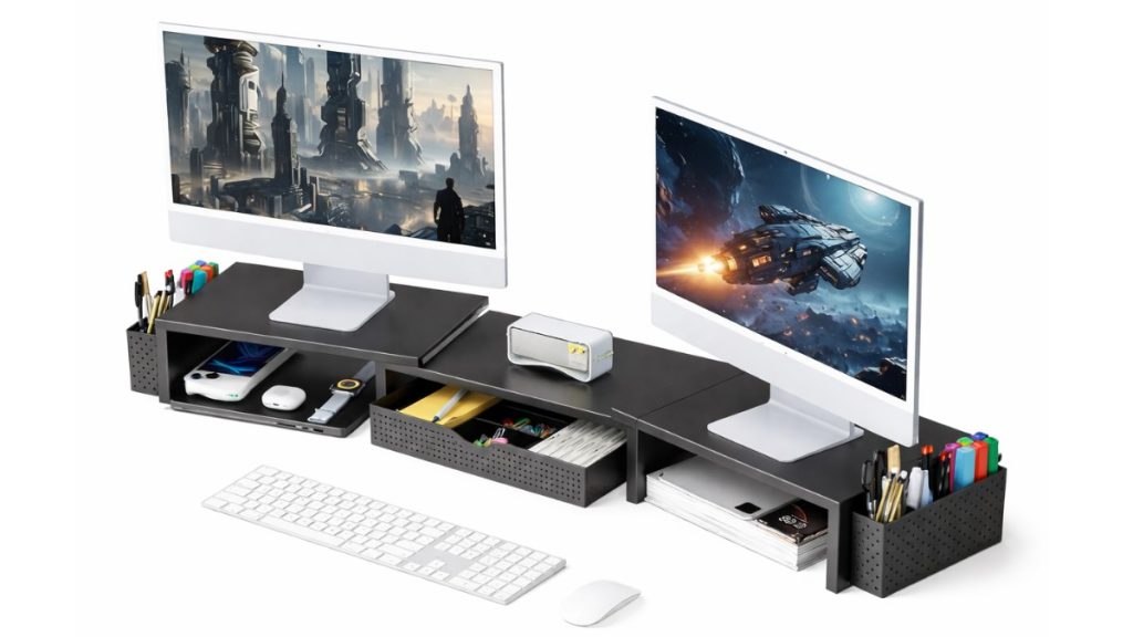 Modern black desk organizer with drawers, pen holders, and monitor stands displaying computer screens, used to neatly store office supplies and tech accessories.