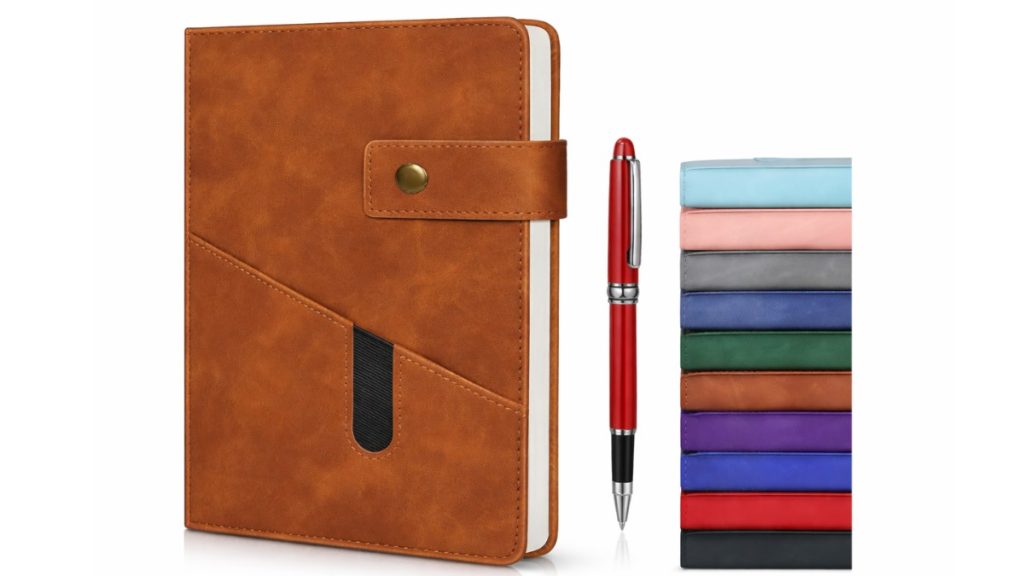 Brown leather notebook with pen and multiple color options: practical last-minute coworker gift.