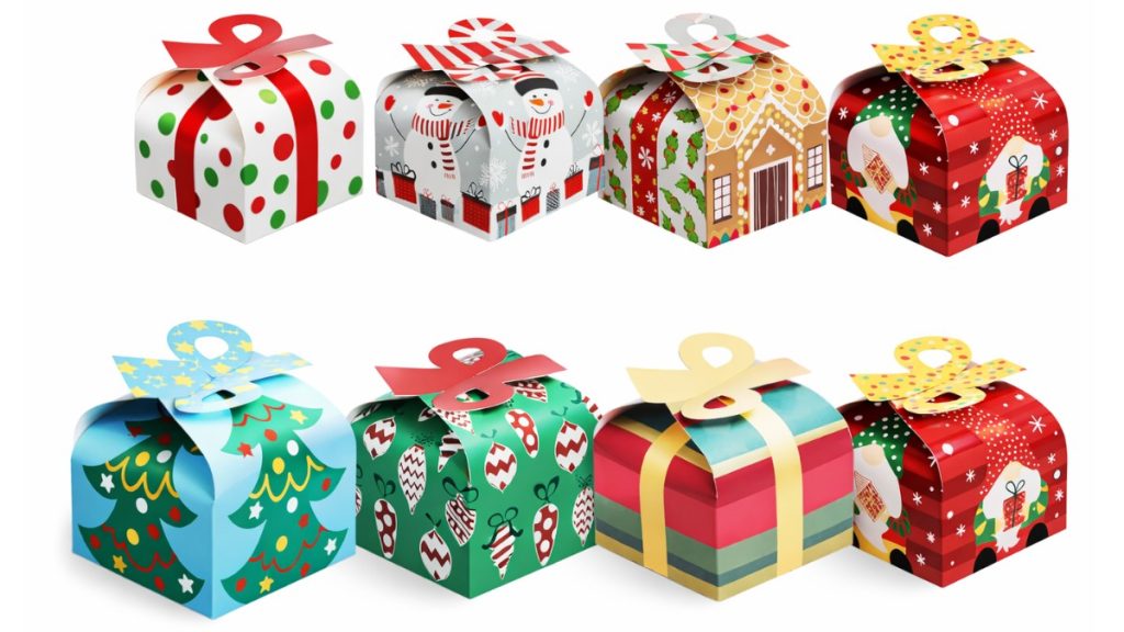 Colorful Christmas gift boxes with festive patterns: last-minute coworker gift wrapping ideas.