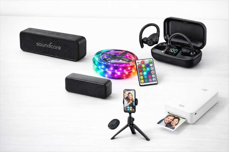 Last-minute tech gifts for teens including Bluetooth speaker, earbuds, LED lights, power bank, phone tripod and mini photo printer