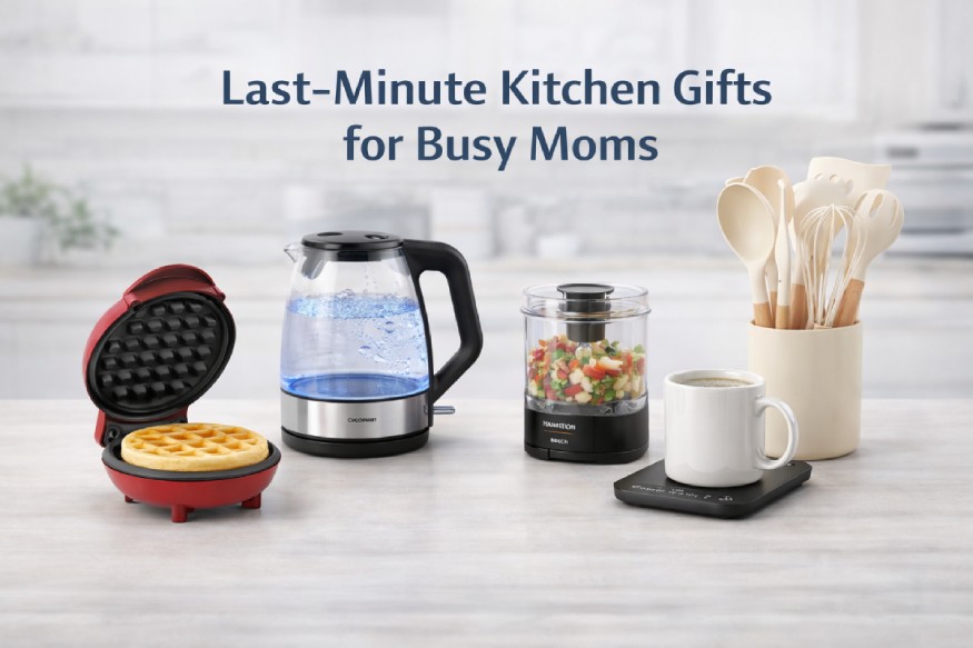 Last-minute kitchen gifts for busy moms featuring waffle maker, electric kettle, mini food chopper, utensil set and coffee mug warmer
